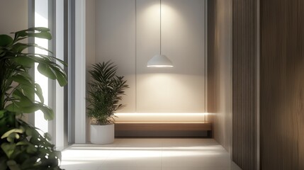 Fototapete - Modern minimalistic hallway featuring a white pendant lamp against a clean white wall, paired with green plants, soft lighting, contemporary design, interior decor, home styling.