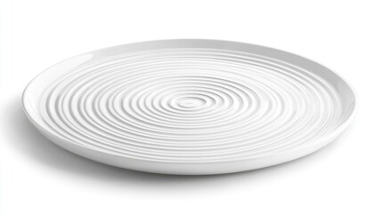Fototapete - Round white plate with a textured spiral design, isolated on a clean white background, emphasizing its modern kitchenware aesthetic, table setting, dining, minimalism.