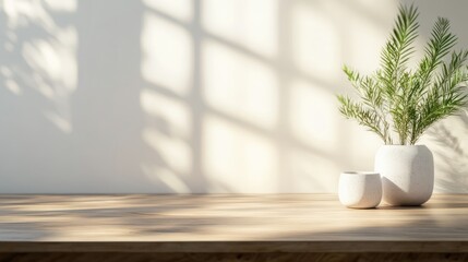 Fototapete - Modern wooden table in a stylish home interior, featuring empty space for product display, complemented by elegant vase and decorative plants, furniture design, home decor, minimalist style.