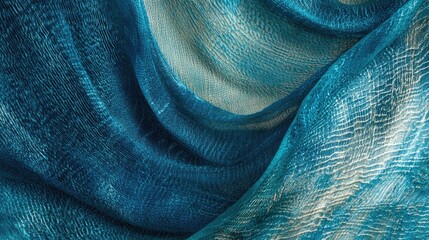 Sticker - Turquoise blue translucent fabric macro texture with twisted folds highlighting intricate details and soft waves