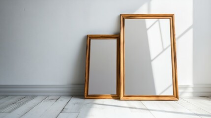 Fototapete - Wooden framed mirrors leaning on the floor in a minimalist interior setting against a white background with natural light shadows