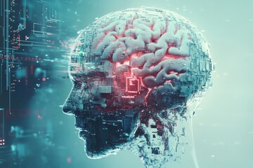Poster - A digital brain merges seamlessly with AI elements featuring circuits, chips, and holographic projections in a futuristic setting. Generative AI