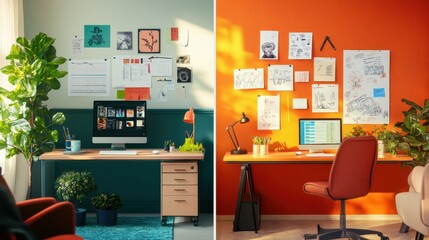 Leinwandbilder - Two work environments showcase a minimalist aesthetic and an artistic vibe, featuring bold color contrasts and plenty of space for text. Generative AI