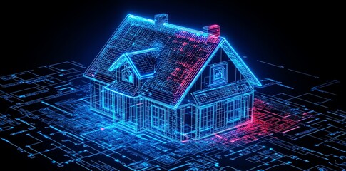 Poster - A digital representation of a house with a blueprint overlay, showcasing technology in architecture.