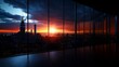 Empty modern office space with panoramic city sunrise view.