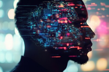 Poster - A digital brain blends with AI circuits, projecting holographic elements that embody intelligence and tech in a modern setting. Generative AI