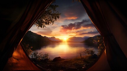 Canvas Print - Scenic sunrise view from inside a camping tent overlooking a serene lake.