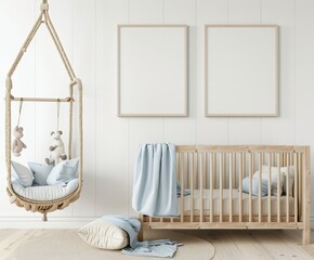 Wall Mural - A white and wood nursery with a crib. a swing. and two framed mockups