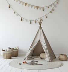 Wall Mural - A beige teepee tent with a woven rug. two baskets. and toy trucks in a white room with a string of flags