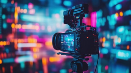 Leinwandbilder - A person conducts an interview in a modern television studio, showcasing sophisticated media equipment in a professional setting. Generative AI