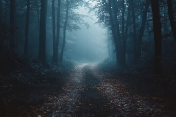 Aufkleber - A serene pathway meanders through a misty forest, surrounded by tall trees and a quiet atmosphere inviting exploration. Generative AI