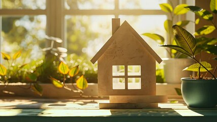 Poster - Wooden house silhouette with plants in sunlit room, eco-friendly concept