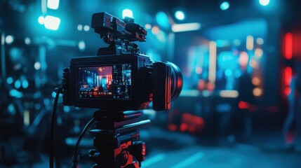 Poster - Recording an insightful interview in a professional studio setting, featuring vibrant lighting and a blurred background for emphasis. Generative AI