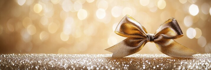 Aufkleber - An elegant golden ribbon tied in a bow rests on a sparkling surface, enhancing a celebratory mood perfect for New Year or holiday greetings. Generative AI