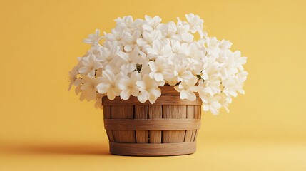 Wall Mural - A bouquet of delicate white flowers in a wooden crate on a mustard yellow background.