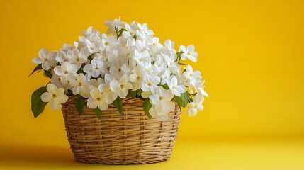 Wall Mural - A light beige wicker basket overflowing with a bouquet of small, delicate, white flowers against a bright yellow background.