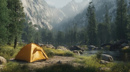 solo camping tent by a river in a misty mountain valley.