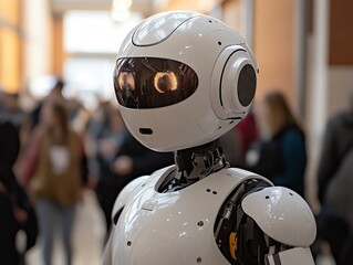 Fototapete - A humanoid robot stands in a crowded space, showcasing advanced technology and design.
