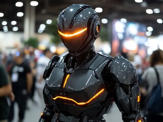 Poster - A futuristic robot with glowing features in a crowded exhibition space.