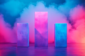 Poster - Abstract display with three geometric shapes illuminated by vibrant neon lights, set against a colorful misty background, creating a futuristic and visually striking atmosphere.