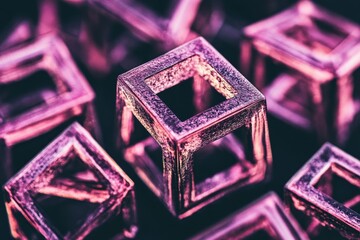 Poster - Abstract geometric shapes in vibrant colors, reflecting light and creating a mesmerizing visual display of translucent cubes and squares in a captivating arrangement