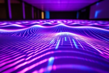Poster - Abstract visual representation of colorful sound waves with vibrant purple and blue hues creating a dynamic, flowing pattern on a surface in a dimly lit environment