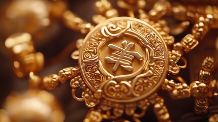 Close-up of ornate gold pendant with Asian characters.