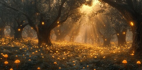 Poster - Enchanted forest with glowing mushrooms and ethereal light beams.