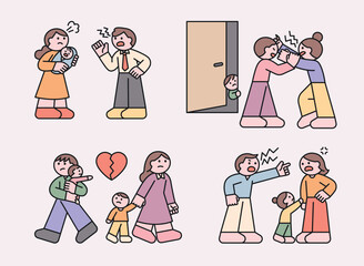 Poster - The children are sad because their father and mother fought and broke up. Illustration of small and cute character people.