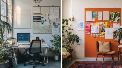Leinwandbilder - One side features a clean workspace with a computer, while the other showcases an engaging wall filled with artistic notes and colorful drawings. Generative AI