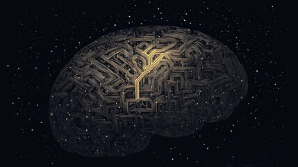 Aufkleber - A complex labyrinth creatively shaped like a human brain glows against a dark background, inviting reflection and imagination. Generative AI