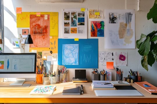 This workspace features a clean design, artistic wall displays, and organized materials, promoting creativity and productivity for any project. Generative AI