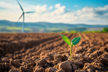 A photograph of an organic farm with wind turbines in the background, featuring growing plants and rocks. In the foreground, a small green plant is sprouting from the brown soil