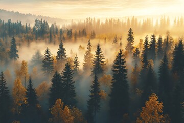Poster - A misty forest landscape at dawn, showcasing vibrant autumn colors and serene nature.