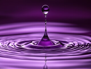 Poster - single droplet of water falling purple background minimalist serene environment close-up view abstra