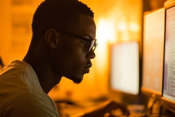 Poster - Focused young man working on a computer in a modern office environment, illuminated by warm ambient lighting, engaging in creative digital projects late at night