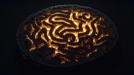 Fototapete - Intricate labyrinth design resembling a human brain, featuring luminous pathways against a dark background, ideal for adding text. Generative AI
