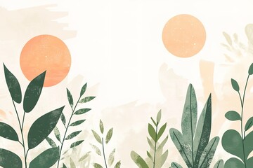a painting of a field of green plants with a sun in the background