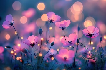 Wall Mural - A field of pink flowers with a blurry background