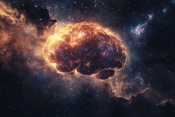Poster - A mesmerizing cosmic brain crafted from stars, galaxies, and constellations floats in a deep space backdrop, inviting exploration and imagination. Generative AI