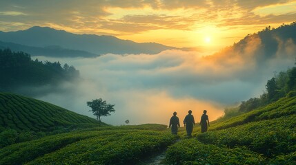 Poster - Three hikers walk through vibrant tea fields at sunrise, surrounded by fog-covered mountains and a stunning sky filled with warm colors. Nature offers a serene and breathtaking view.