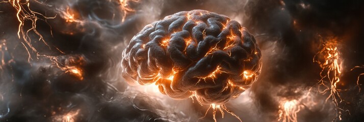 Aufkleber - Glowing neural networks and synapses form an abstract illustration of a human brain, featuring ample copy space for text addition. Generative AI