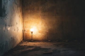 Poster - A solitary light fixture shines gently in a dark, empty room, enhancing the atmosphere of neglect and providing space for text. Generative AI