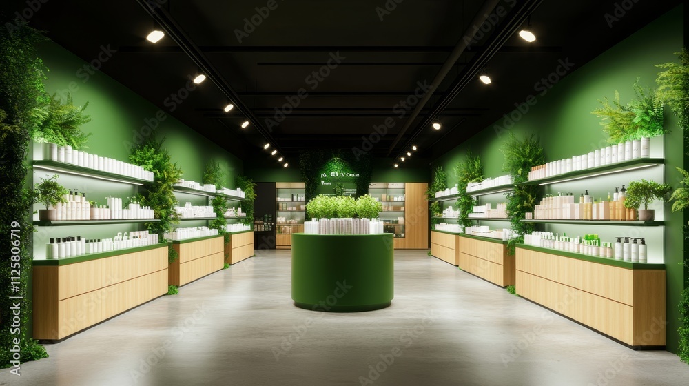 Modern Eco-Friendly Beauty Store Interior with Green Wall Design and ...