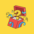 © Walt - Mystery box illustration with a box opening to reveal a question mark in cartoon retro hand drawn style vector design perfect for to mystery boxes or surprise offers