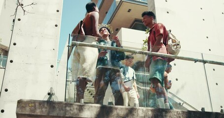 Poster - Stairs, break or students talking in college or university campus for chat, learning or studying. Low angle, academy or people with friends, teamwork or diversity for school, education or scholarship