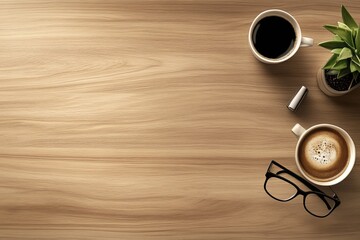 Poster - Top view of a wooden desk with coffee cups, glasses, and a plant.