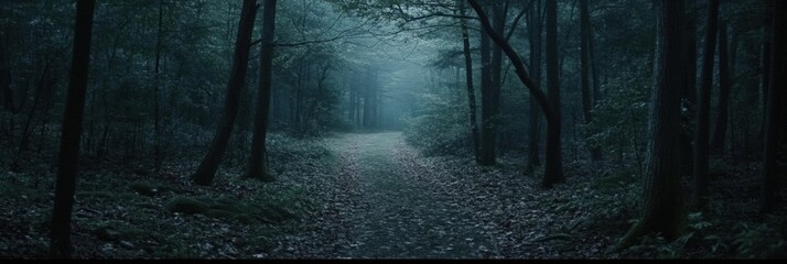 Poster - A narrow pathway winds through a dense forest, surrounded by tall trees and a mysterious mist, providing a tranquil, inviting atmosphere. Generative AI