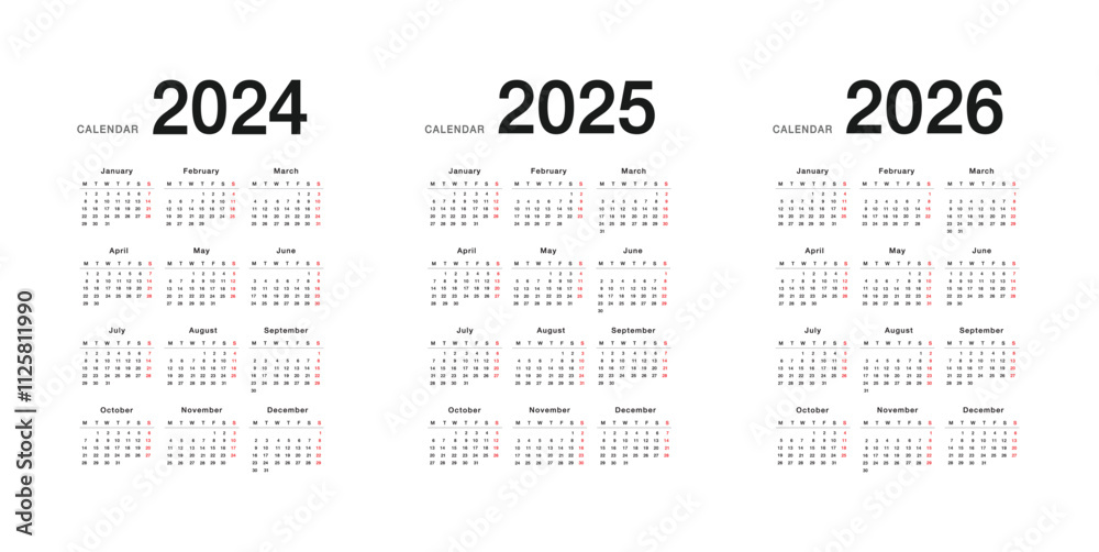Year 2024 and Year 2025 and Year 2026 calendar vector design template
