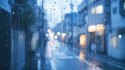 Aufkleber - Raindrops cling to the window as they obscure the view of a tranquil, empty street in an urban area during a rainy day. Generative AI